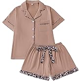 RONGTAI Summer Pajamas for Women Set Short Sleeve Button Down Leopard Pjs Lounge Sets Soft Sleepwear