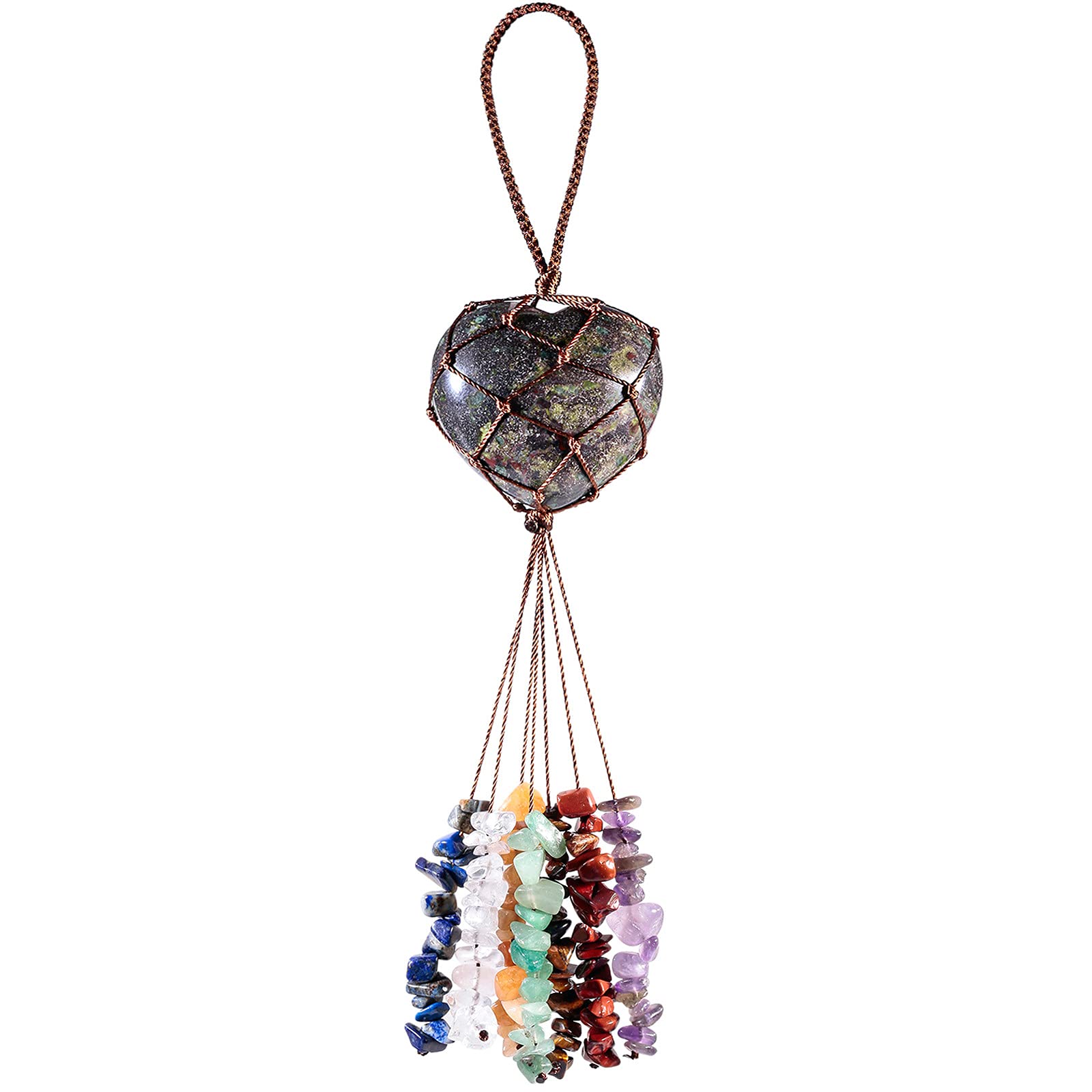 Nupuyai Dragon Blood Jasper Heart Crystal Stone Tassel Hanging Ornament, Fengshui Crystals 7 Chakra Reiki Healing Ornament for Home Car Good Luck Wedding Decor