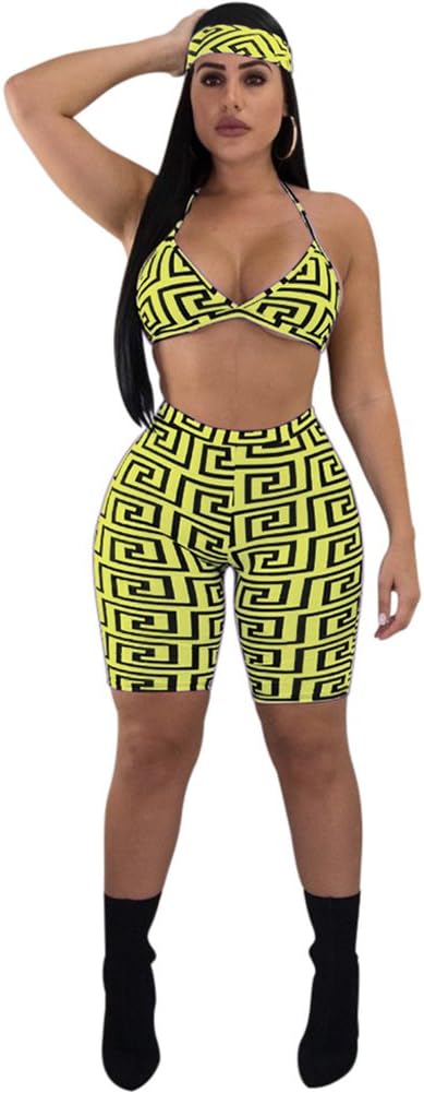 Women Two Piece Outfit Halter Print Sport Bra Crop Top Legging Short Pant Set with Headband Yellow M