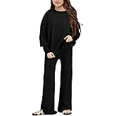 Haloumoning Girls 2 Piece Outfits Kids Long Sleeve Crewneck Sweater Drawstring Wide Leg Long Pants Sweatsuits Sets 5-14T
