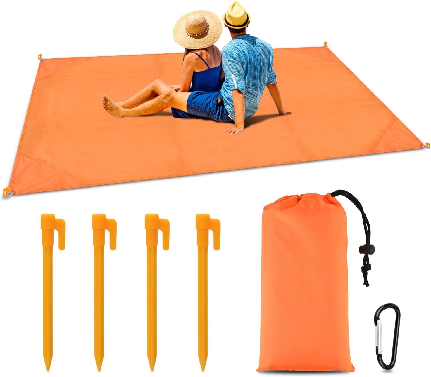 BROTOU Pocket Picnic Blanket 79 * 55inch, Sand Proof and Water Resistant, Compact Beach Blanket for Outdoor Travel Camping Festival Sports (Orange)