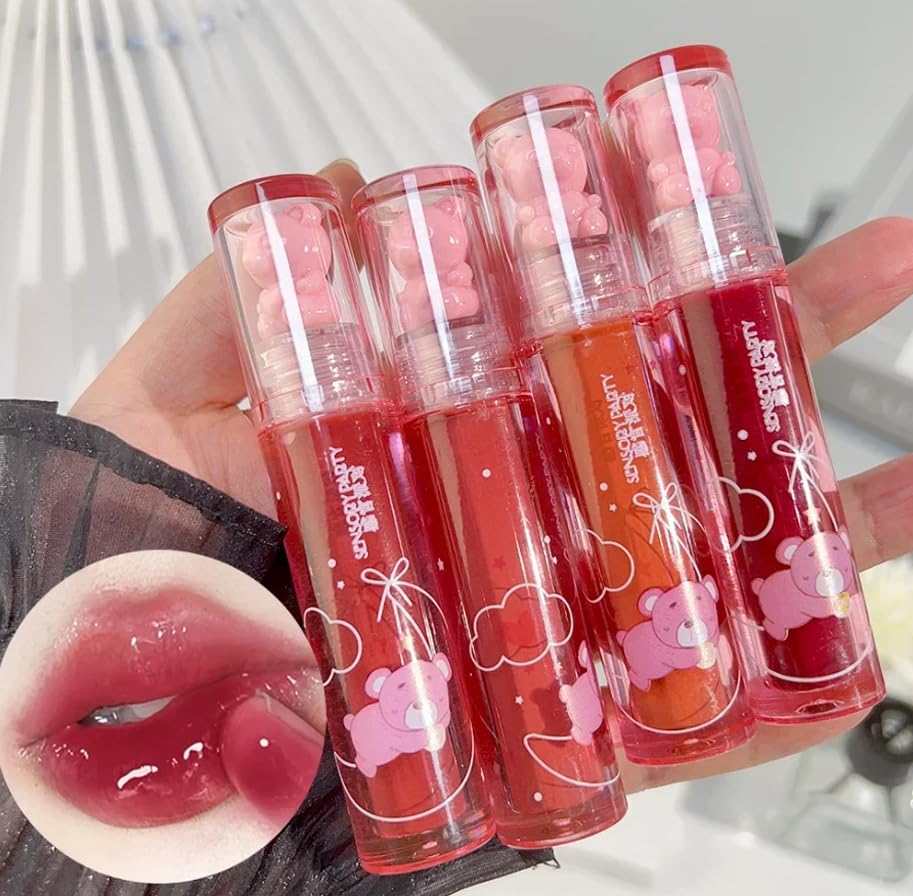 Pakivs 4Pcs Bear Lip Glaze Jelly Lipgloss,Liquid Lipstick Cute Bear Lipgloss Moisturizing Lip Stain Plumping Water Lip Gloss,Waterproof Juicy Lasting Tint Lip Gloss Set,Vivid Color,Glossy Finish