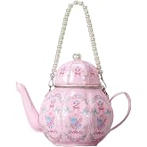 Lolita Teapot Shape PU Leather Crossbody Bag Floral Pearl Handle Purse | Unique teapot bag with floral pattern & pearl chain. Versatile handbag for tea parties, dates, travel & Valentine's gifts.