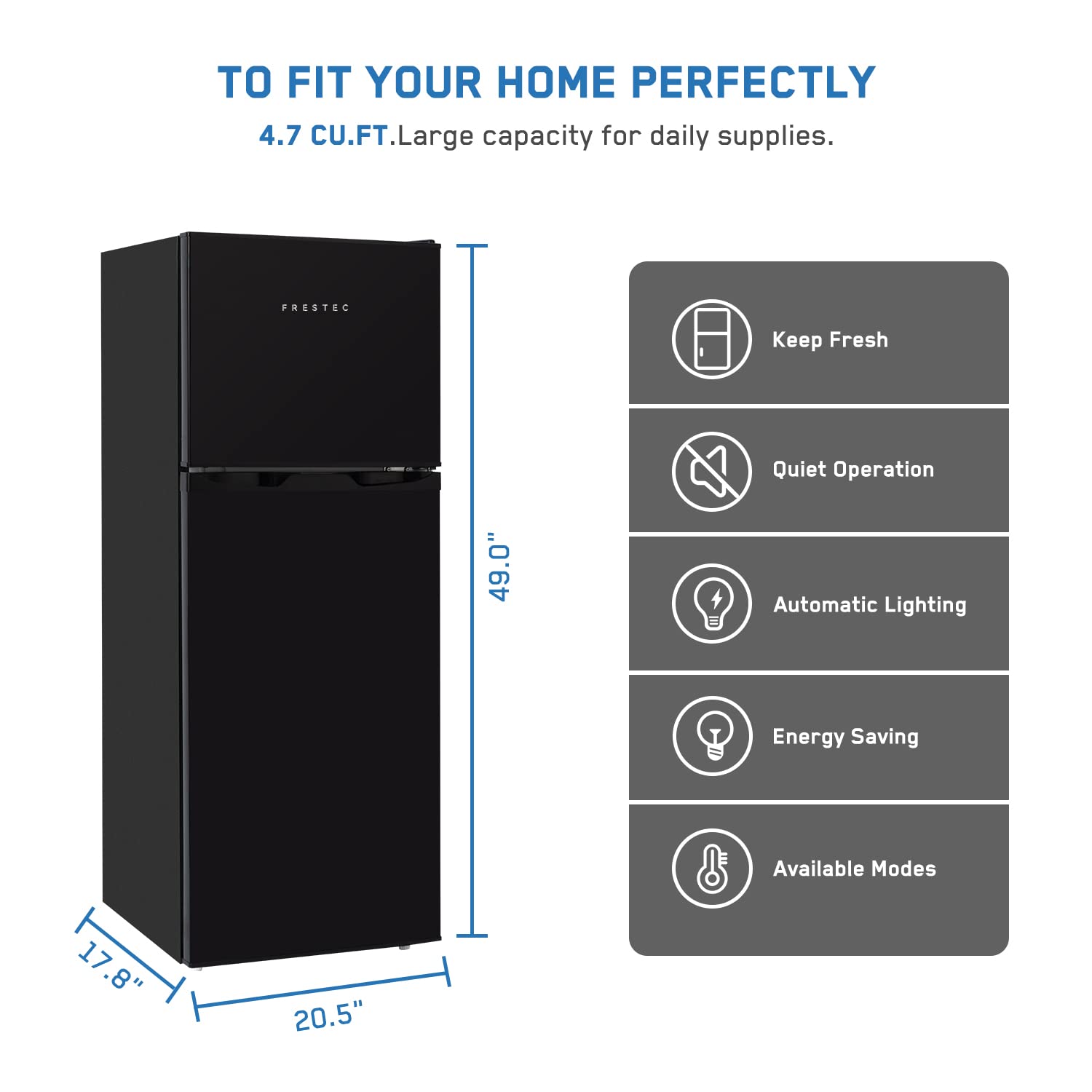 Frestec 4.7 CU' Refrigerator, Mini Fridge with Freezer, Compact Refrigerator, Small Refrigerator with Freezer, Top Freezer, Adjustable Thermostat Control, Door Swing, Black (FR 472 BK)
