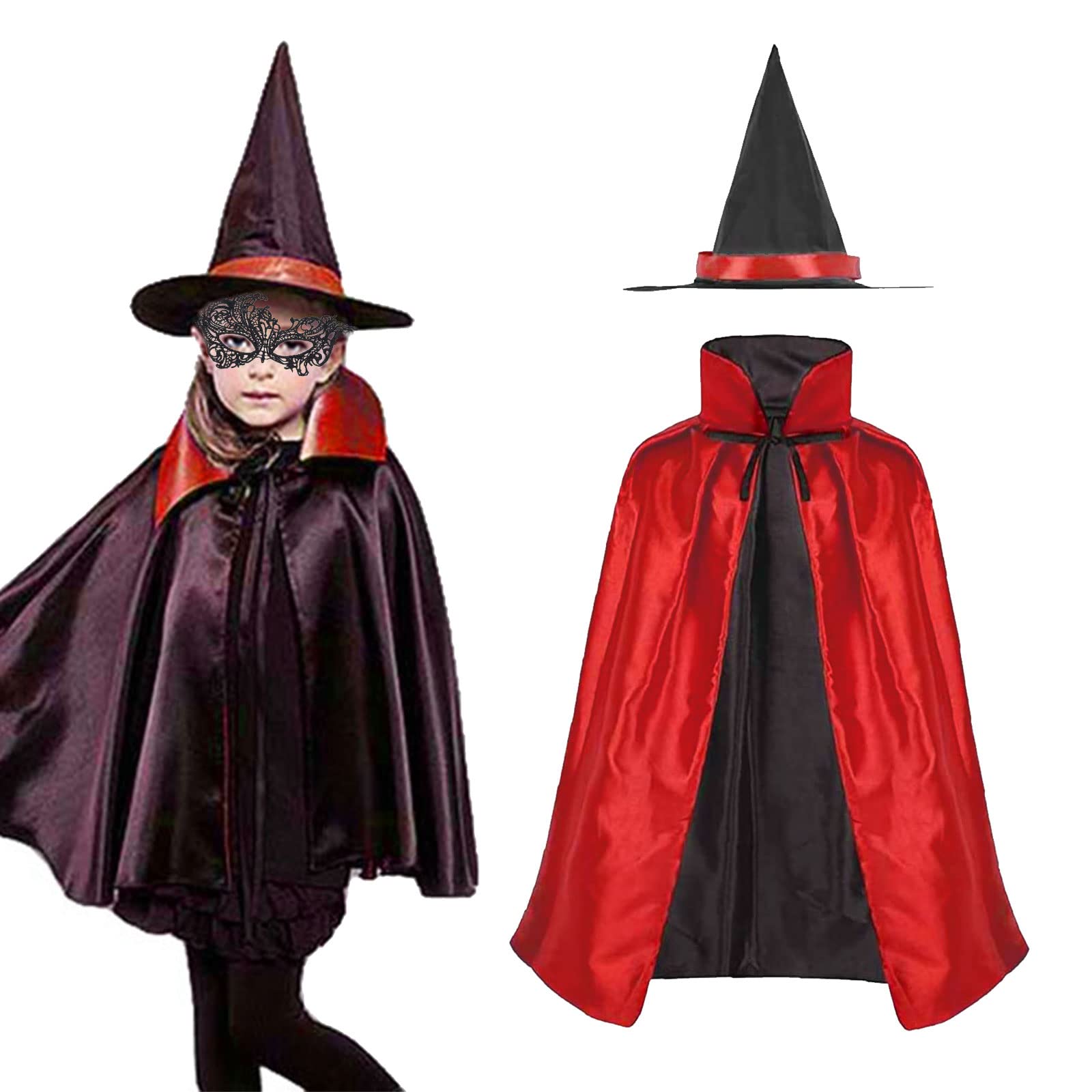 MIVAIUN Witch Cape Cloak with Hat 2 Pcs Set, Red and Black Witch Wizard Reversible Cloak Capes for Kids or Adults, 90cm, for Masquerade Halloween Christmas Role (Red)