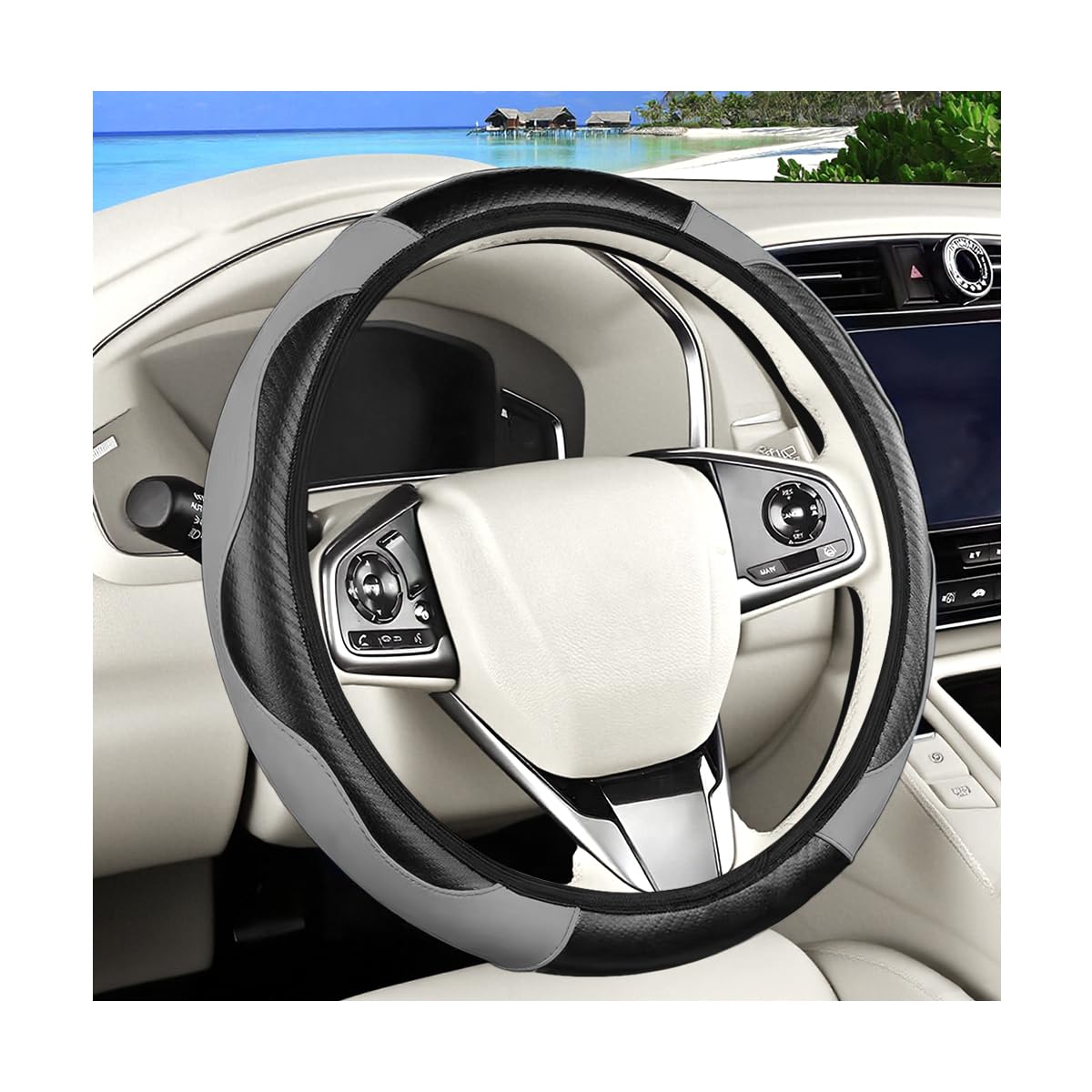 Photo 1 of Ywdiml Carbon Fiber Car Steering Wheel Cover, 14.5-15 Inch Elastic Stretch Steering Wheel Guard, Sports Style Non-Slip Automotive Interior Accessories, Universal for Vehicles (Black/Gray)