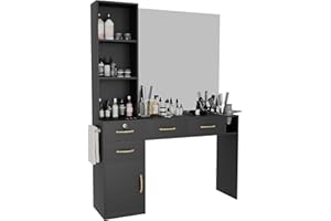 GOFEI Barber Salon Station for Hair Styling – Professional Salon Station with 1 Cabinet, 3 Open Compartments, and 4 Drawers (One Lockable) – Includes Blow Dryer Rack, No Mirror, Black Beauty Spa Furniture