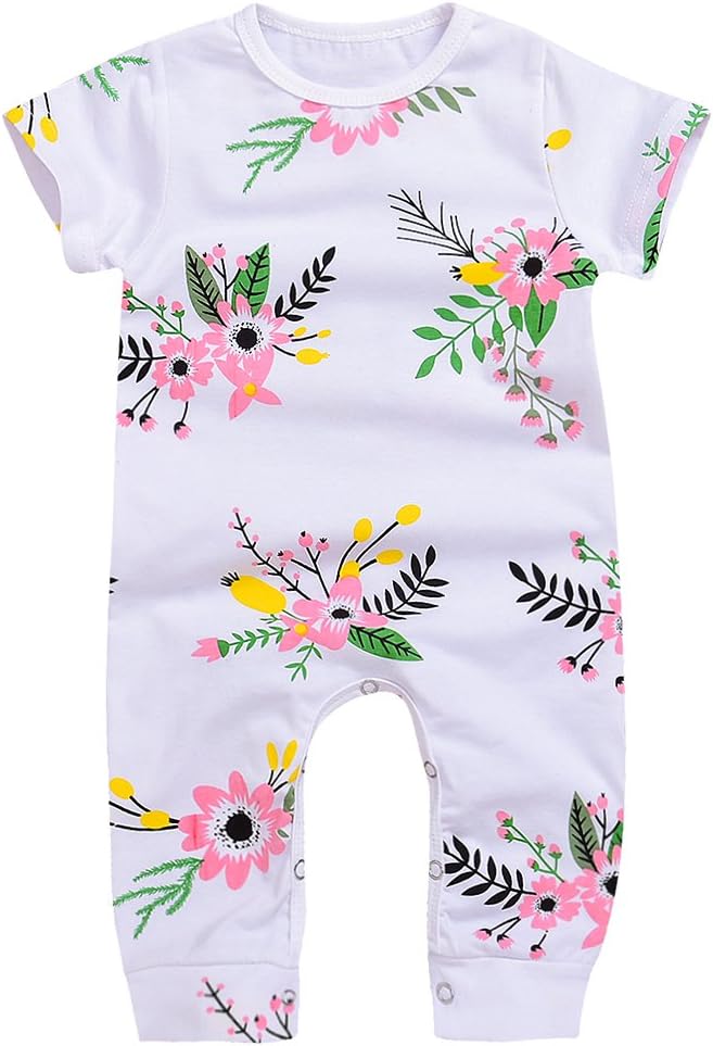 MEKILYN Baby Girl Pink Flower Print Shortsleeve Spring One Piece Romper