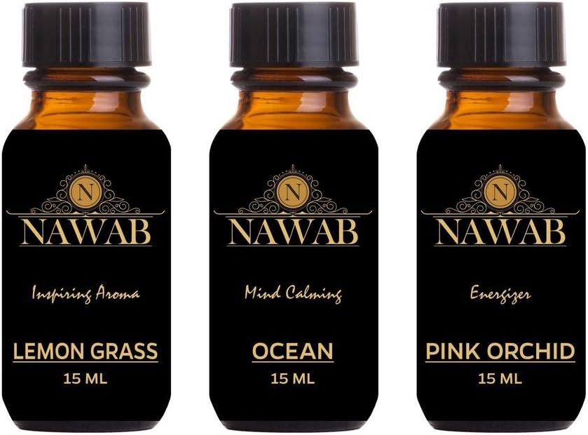 NAWAB Plastic aroma oil/Diffuser oil/scented oil/fragrance oil (Lemongrass, Ocean, Pink Orchid - 15ml each)