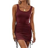 Women Ruched Bodycon Dress Drawstring Tank Dresses Ribbed Summer Mini Dress