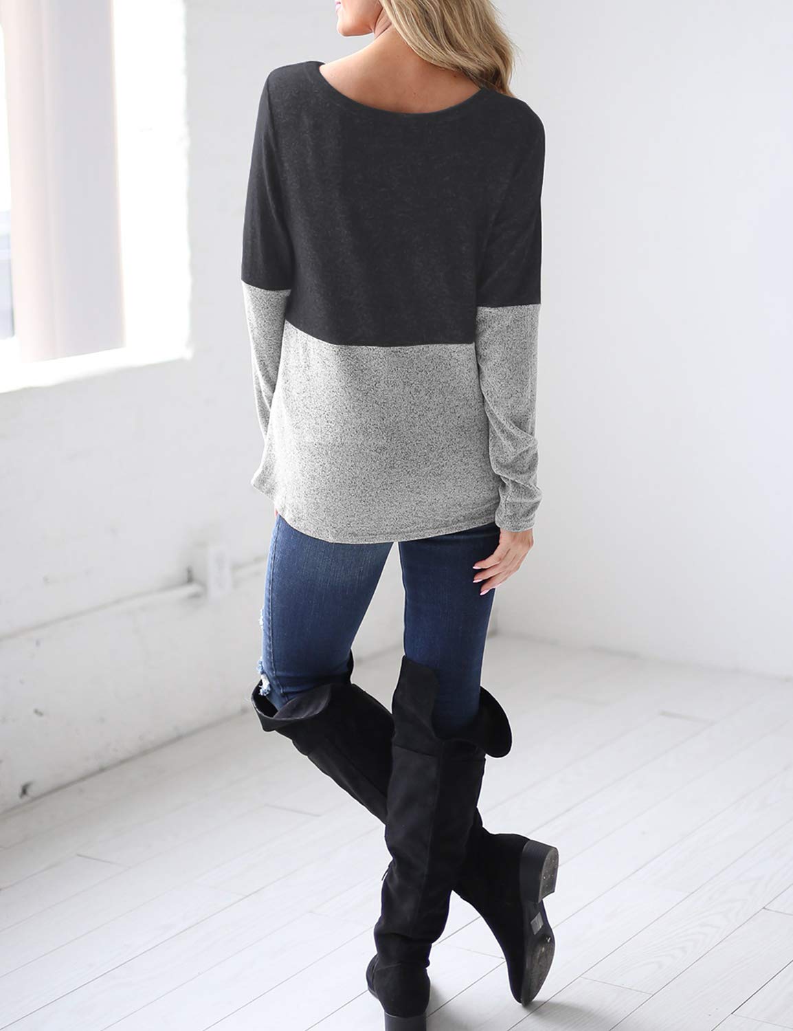 Blooming Jelly Women\'s Twist Front Top Long Sleeve Casual Loose Fit Patchwork Jumper Dark Grey,S