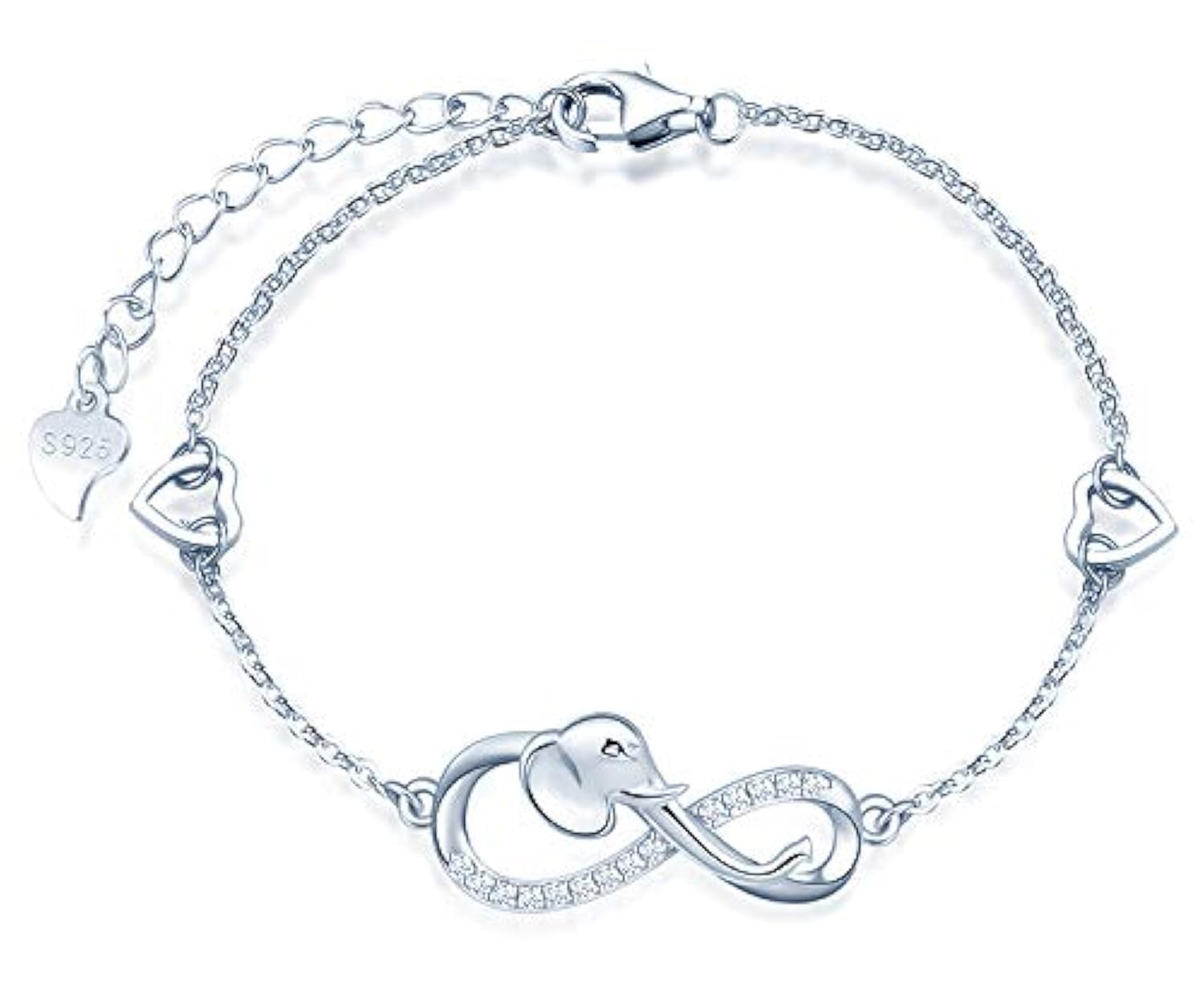 MicLee Woman's girl's Bracelet, 925 Sterling Silver bracelet, Elephant and infinity symbol bracelet, with mini hollow heart, Inlaid zircon, adjustable chain, design of animal bracelet