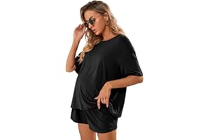 Verdusa Women's Maternity Pajama Set 2 Piece Drop Shoulder Top and Short Lounge Sets