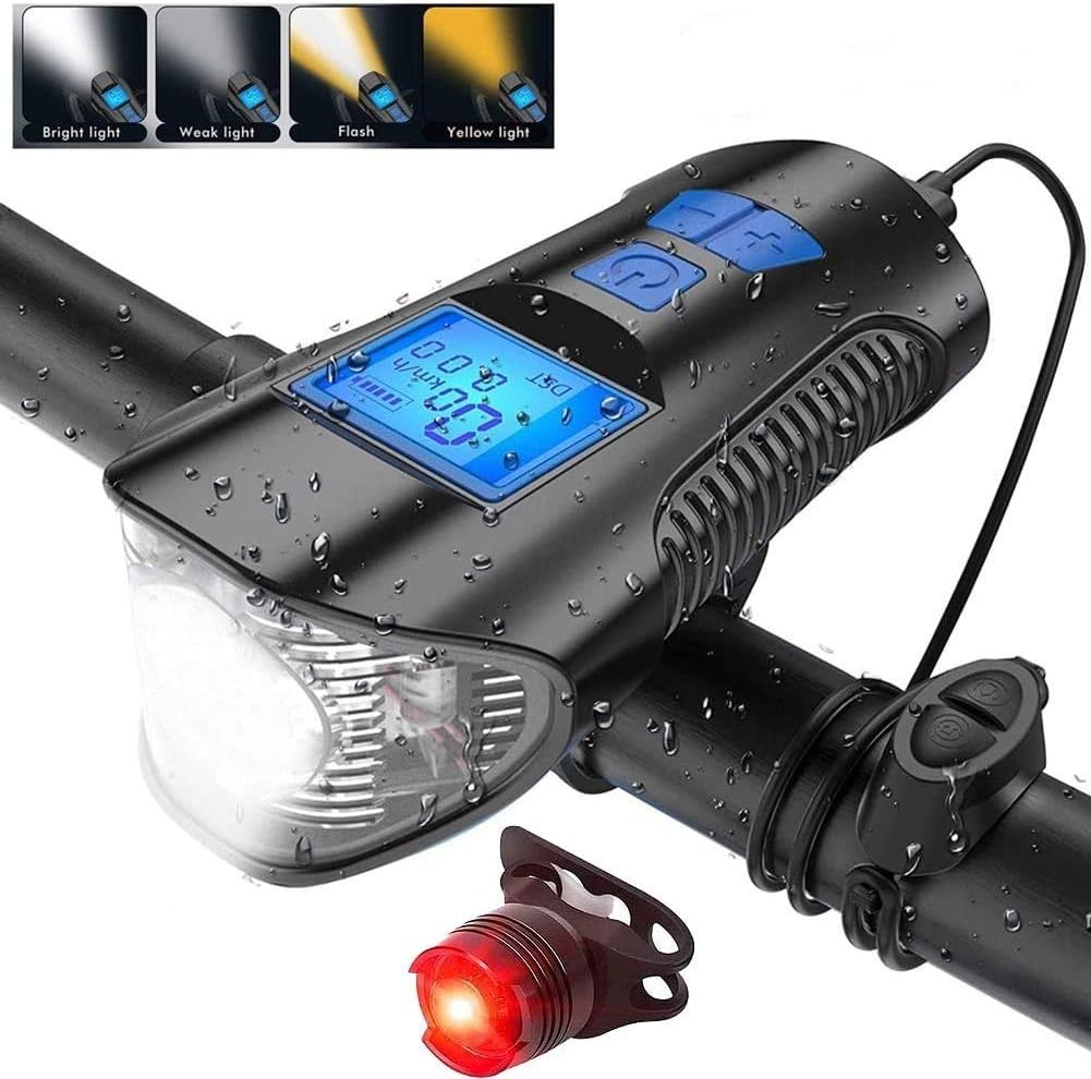 Quan Bike Speedometer with LED Bicycle Light, USB Rechargeable Front Light and Rear Light Set IP65 Waterproof Cycle Headlight with Smart Code Table Fits All Mountain & Road Bike (Black) : Sports & Outdoors