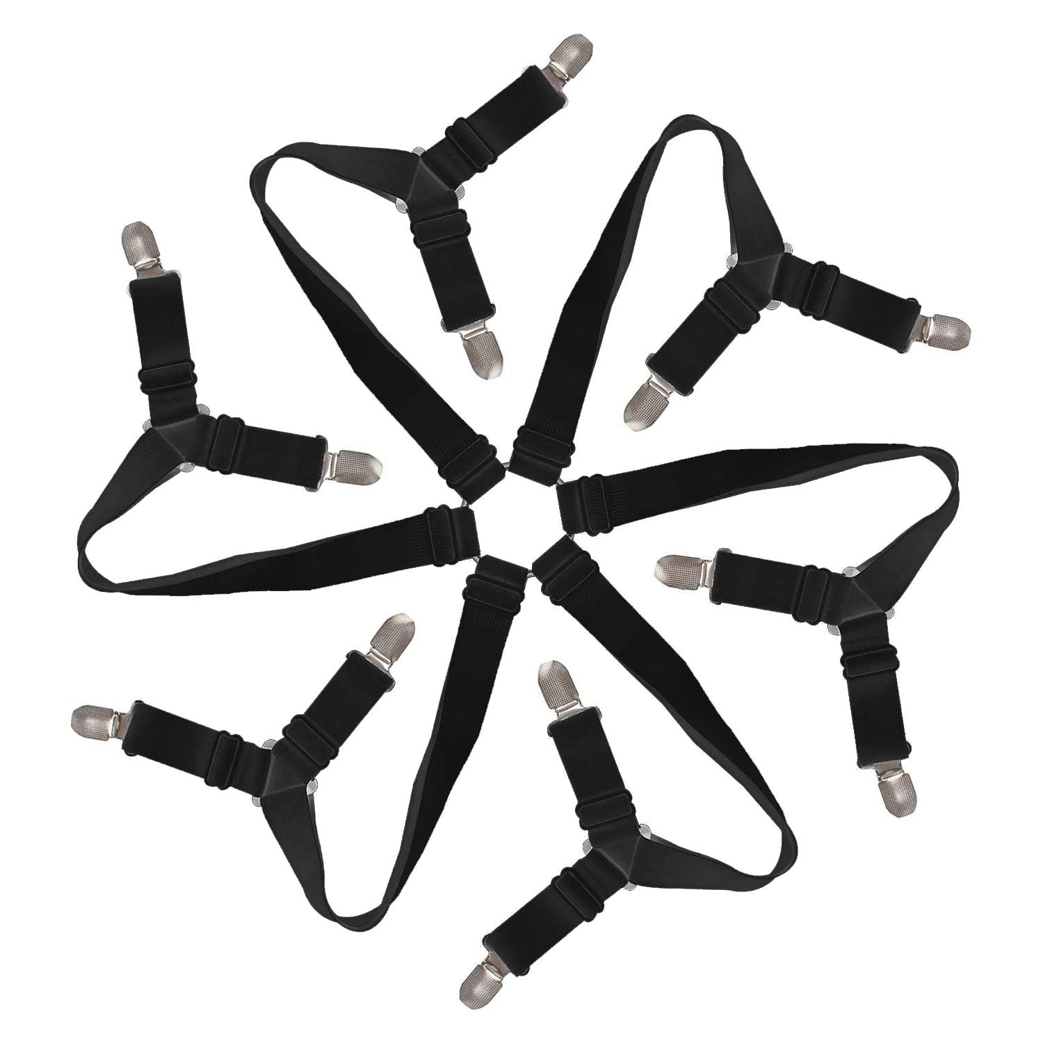 BaiJ Bed Sheet Clips,3 Way 6 Sides Bed Sheet Fastener Straps Elastic Adjustable Sheet Corner Holder Grippers for All Round and Square Mattresses Black