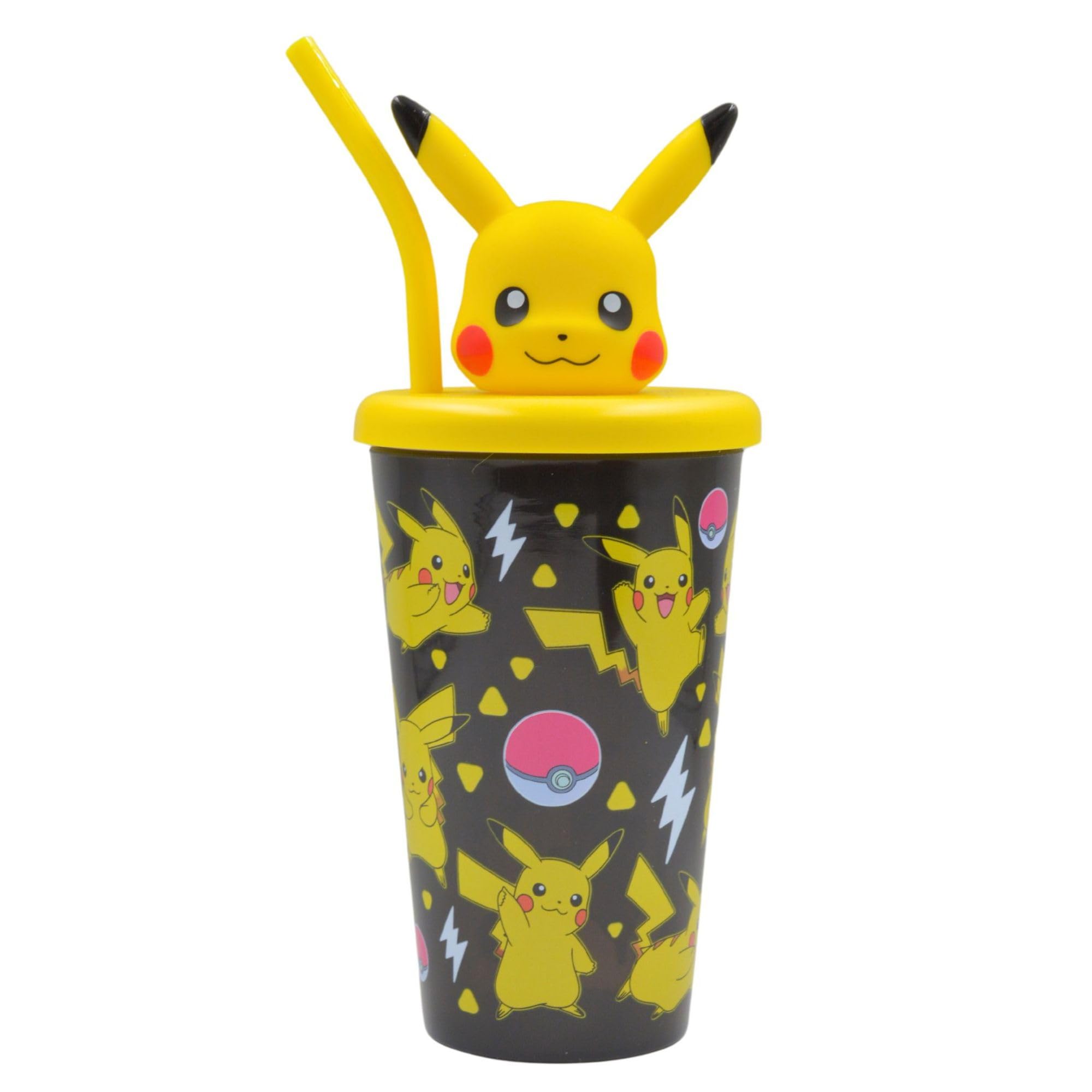 Pokemon Pikachu 3D Figure Lid Soda Cup with Straw 600ml – Kids BPA-Free Plastic Drinks Cup, Screw Top Lid, Reusable Cold Drink Tumbler with Pikachu & Poké Ball Design for Home School Travel