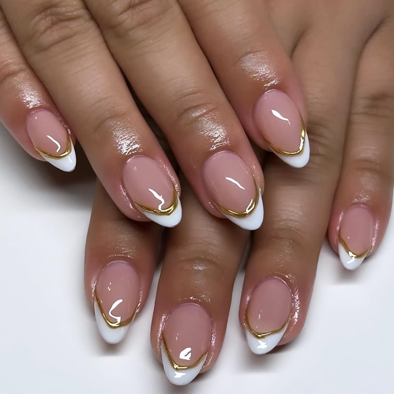 Photo 1 of 24Pcs French Tip Press on Nails Short Length Gold Line Fake Nails Almond Shape Full Cover White French Acrylic Nails with Designs Reusable French Lines False Nails Stick on Nails for Women Nail Decor