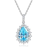 RANDES 925 Sterling Silver Teardrop Necklace for Women Huge Created Gemstone Solitaire Halo Pendant Pear Cut Birthstone Necklace