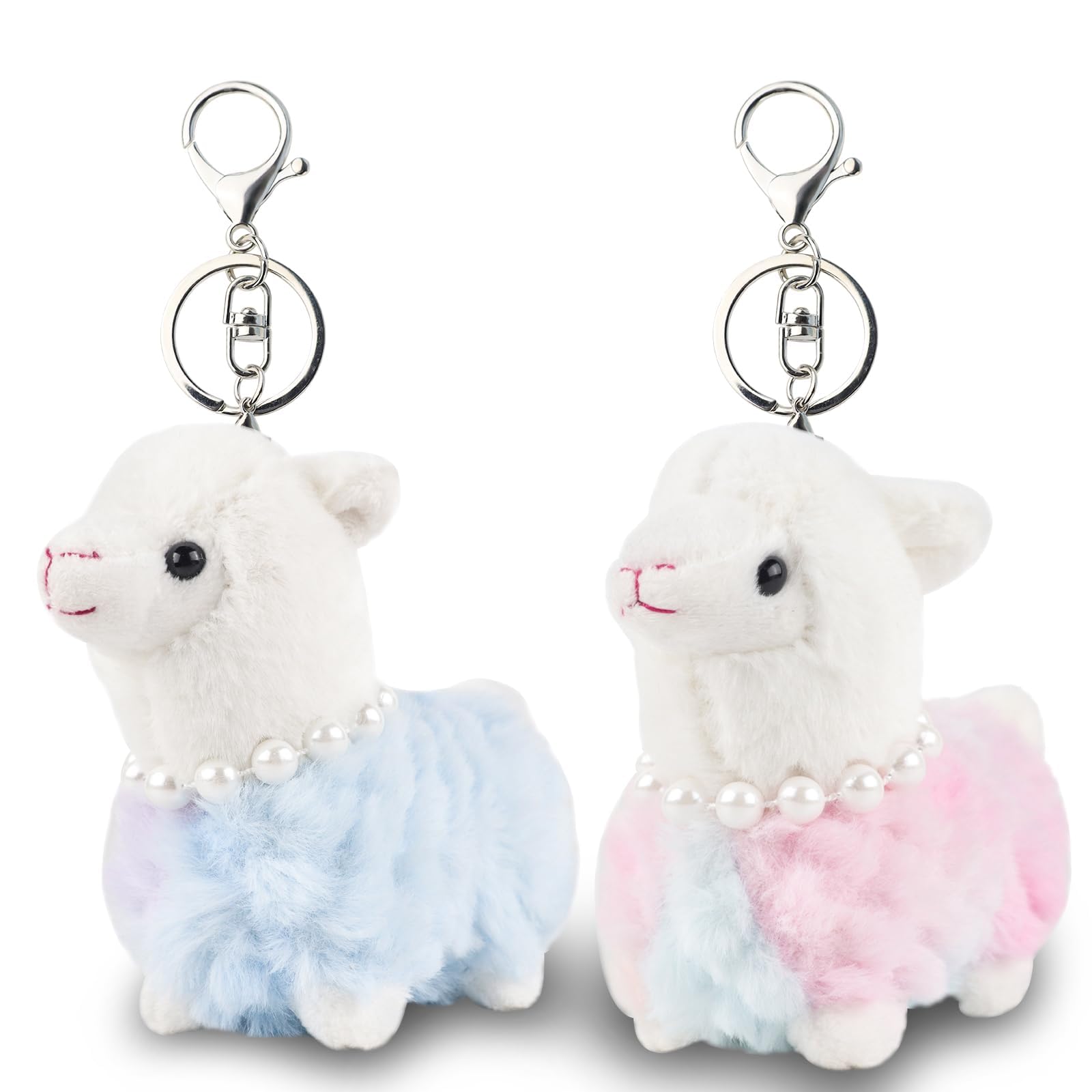 Anboor 2 Pack Small Stuffed Animals Alpaca Plushies with Keychain Sheep Kawaii Plush Toy Kindergarten Classroom Presents for Students (Blue & Pink)