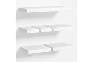 Love-KANKEI White Floating Shelves for Wall Set of 6, Wood Wall Shelves with Invisible Bracket,Rustic Hanging Shelves for Display,Bedroom Living Room Bathroom Kitchen Office