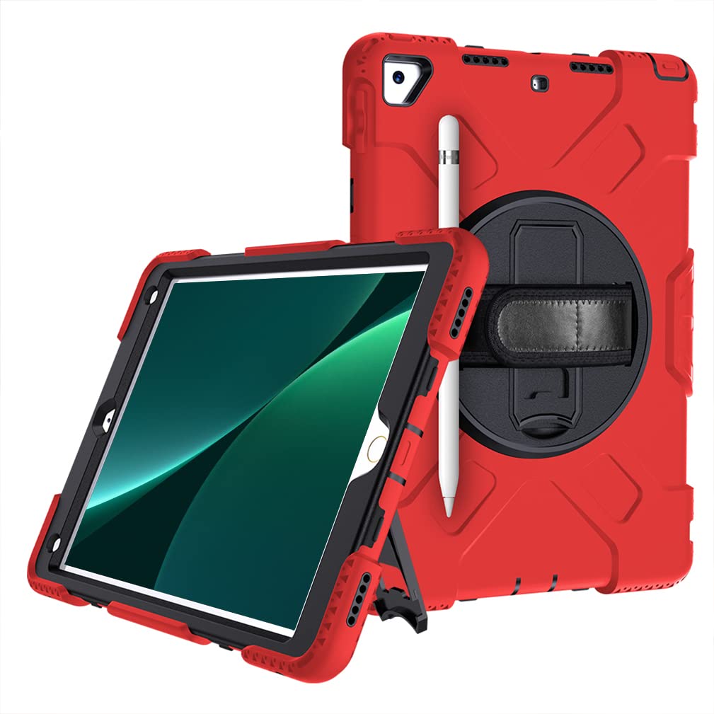 Case for iPad Air3 2019/iPad Pro 10.5 2017 with Folding Stand, Three-in-one Shockproof Case with Pen Holder and wrist strap- Red