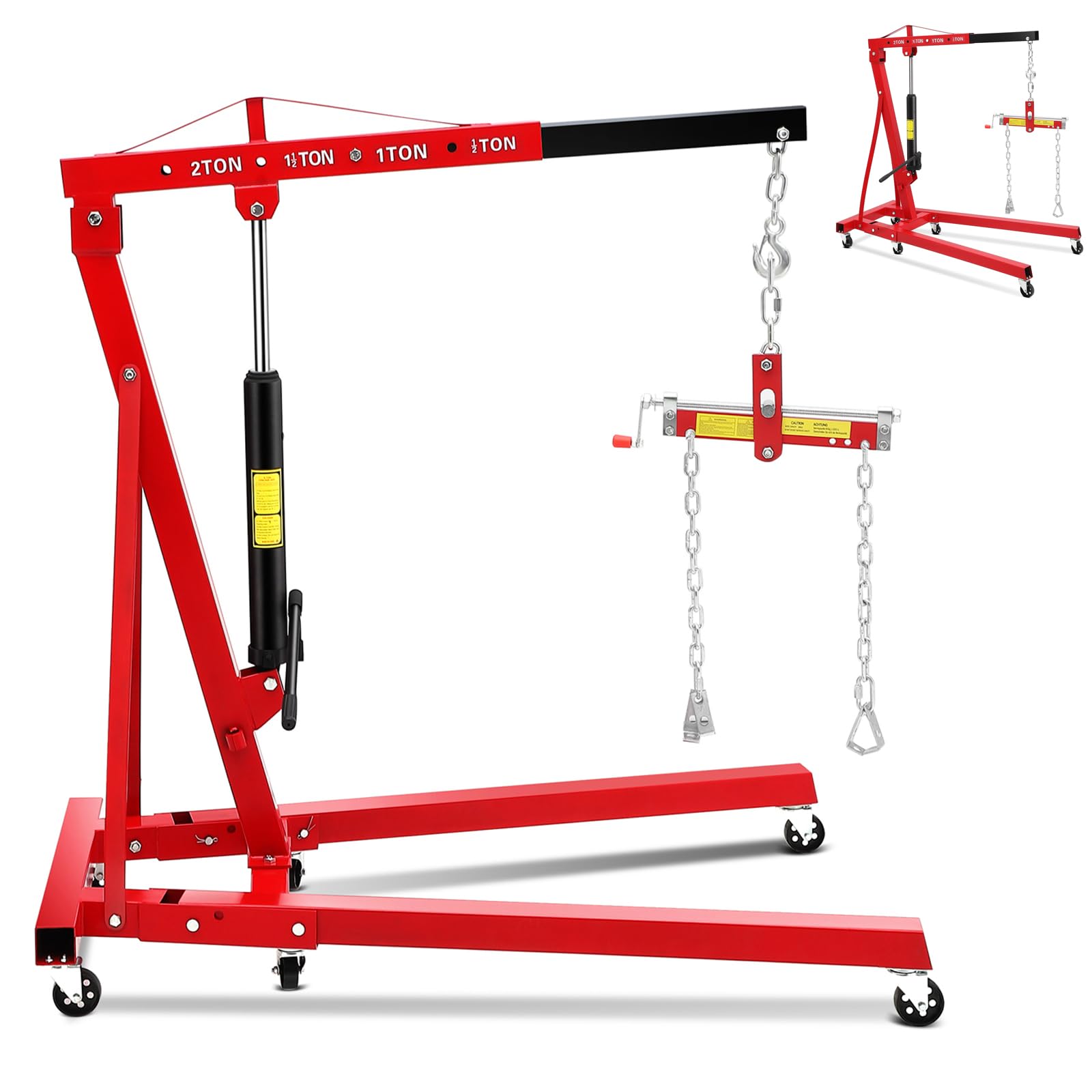Photo 1 of 4400 LBS Folding Engine Hoist With Leveler Stabilizer, 2 Ton Hydraulic Cherry Picker Engine Crane With 6 Swivel Casters & Telescopic Boom Hitch for Garage, Workshop, Factory & Warehouses