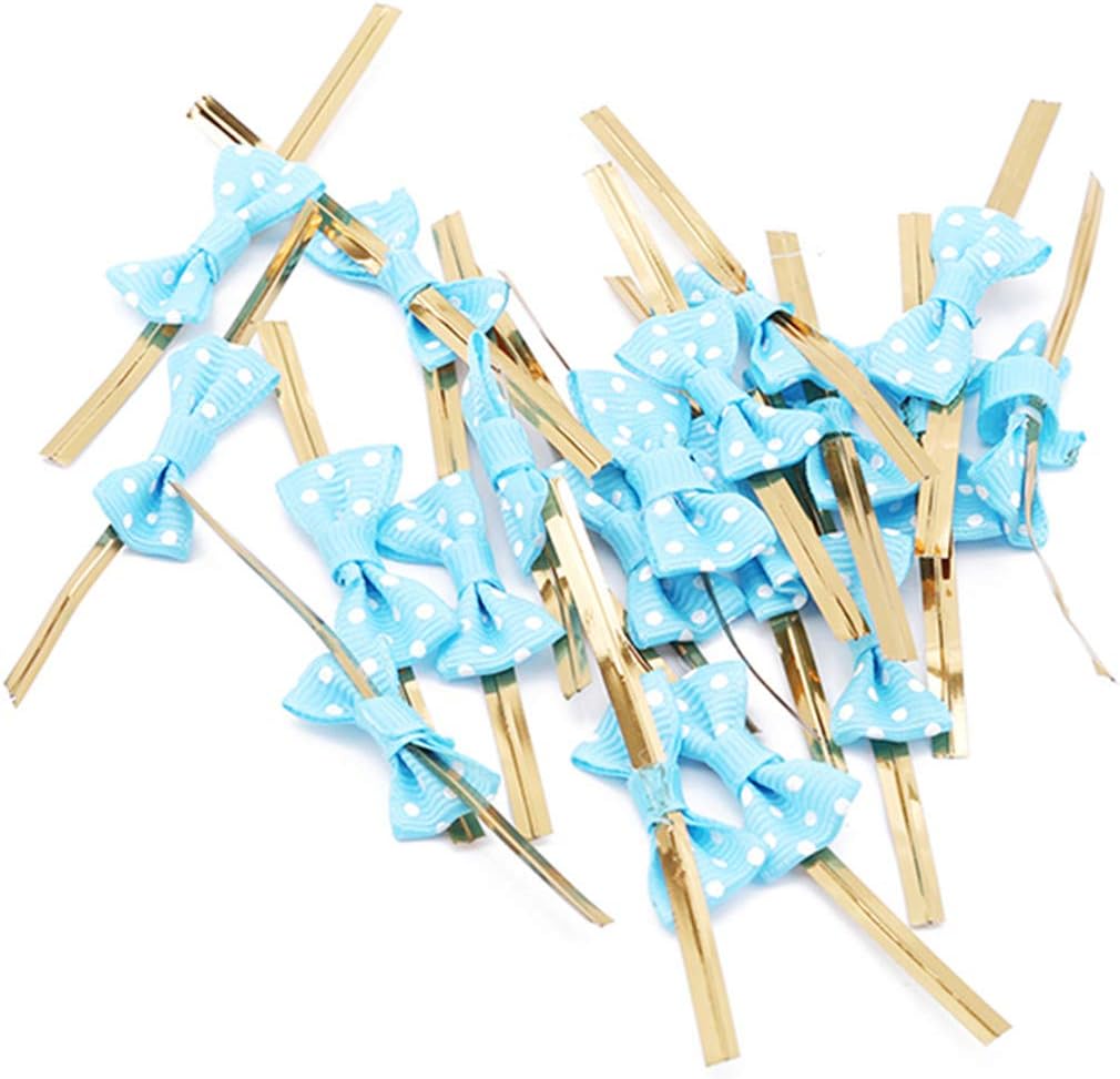 Winwinfly Metallic Twist Ties Plastic Bag Sealers with Bowknot Wedding Party Birthday Decoration Supplies,Blue