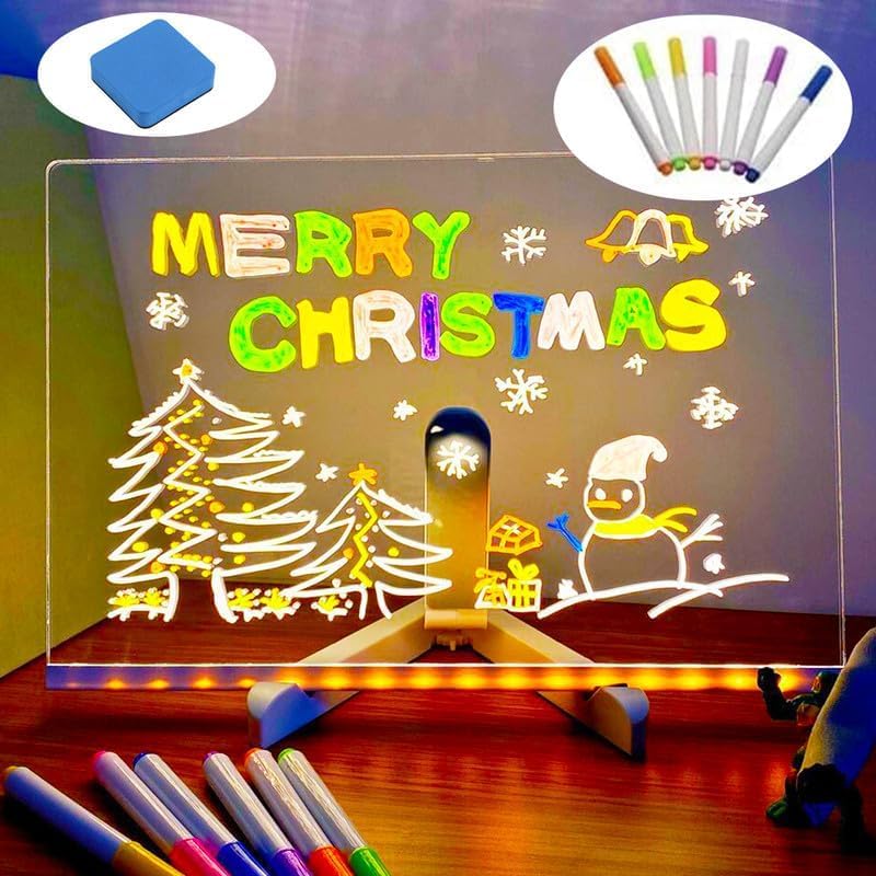LED Note Board with Colors, Acrylic Dry Erase Board with Light, LED Acrylic Message Board, Light Up Dry Erase Board with Stand and 7 Colors Pen, LED Drawing Board for Kids Christmas (20cm X 20cm)