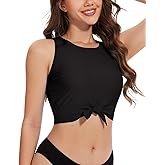 WOWENY Front Knot Bikini Crop Tops for Women Swim Tank Tops Padded High Neck Tankini Top Bathing Suit Swimsuit Top Only (Black, S), Small