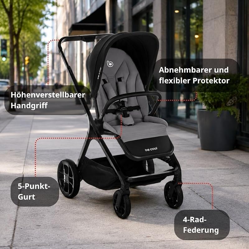 Kombo, 2-in-1 Kombi-Kinderwagen mit höhenverstellbarer Babywanne und wendbarem Sportsitz, automatische Einhand-Faltung, ab Geburt bis 22 kg, Grau