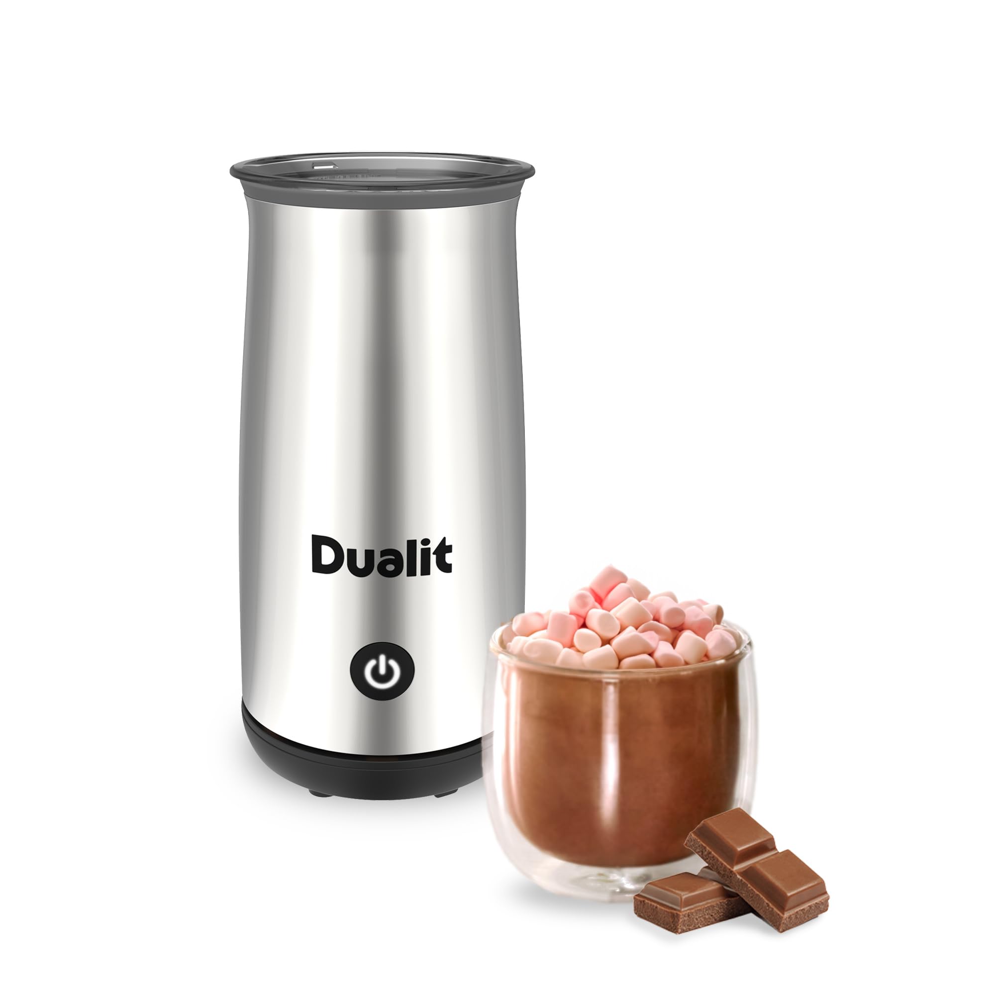 Dualit Hot Chocolate Maker & Milk Frother - 250ml Capacity - Powder, Buttons & Grated Choc - Velvety Hot Chocolate in 3 Mins - Cordless Jug - Chrome