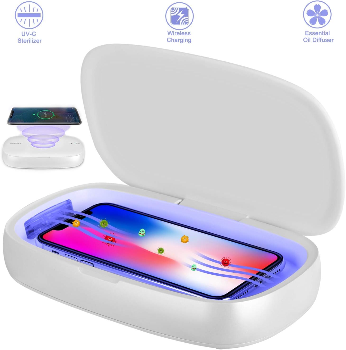 Rdfmy Smart Phone Uv Sanitizer, 10W Wireless Charging Charger Station Compatible, Uv Cell Phone Sterilizer for iOS Android Mobile Phone