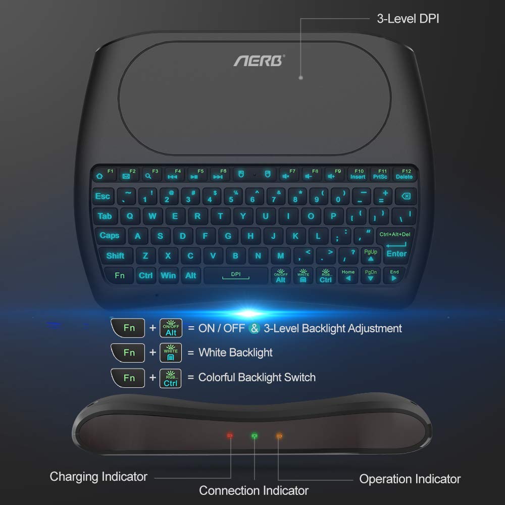 Mini Keyboard, Aerb 2019 Upgraded D8 Pro Mini Wireless Keyboard with Touch Pad Combo for Android Smart TV, PC, Xbox, RGB Backlit, Rechargeable Li-ion Battery