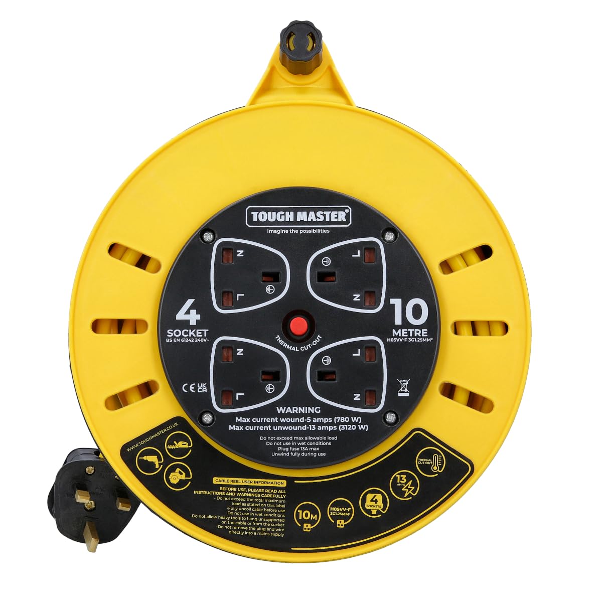 TOUGH MASTER 10M Cable Reel Extension Lead, 4 Socket 13A Heavy Duty Four Extension Cable Reel with Thermal Cut Off for Garden Lawn Mover Home & Office