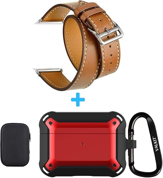 Amazon Com Valkit Compatible Apple Watch Bands 42mm Genuine Leather Strap Airpods Pro Case Shockproof Rugged Protective Full Body Drop Resistant Cover Bundle