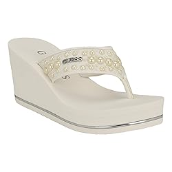 GUESS Women's Silus Wedge Sandal, White, 9.5