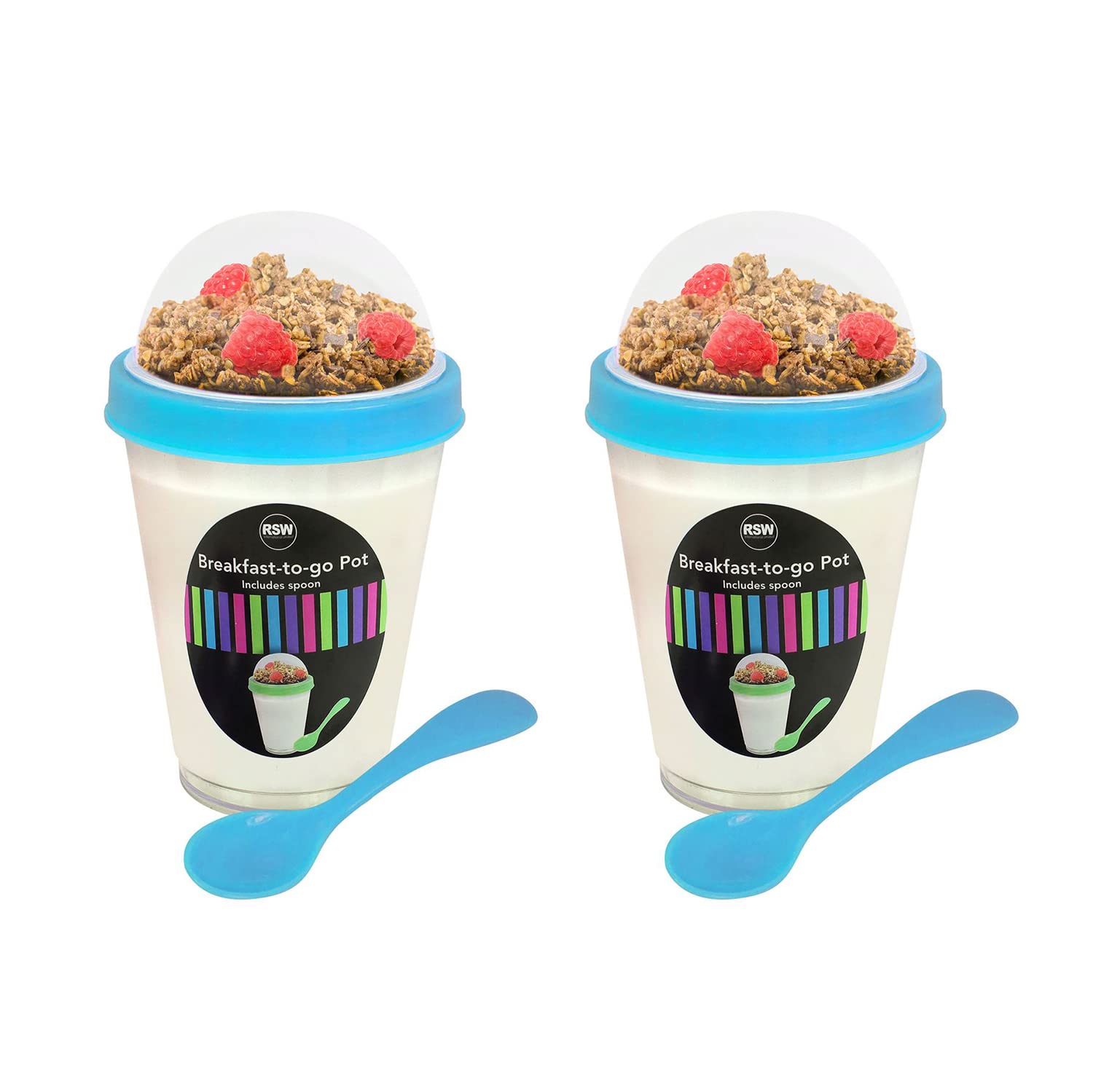 Royle Breakfast to Go Pot Handy Yogurt Pot Cereal Compartment Healthy Snack Fruit Tub Yoghurt Pot Re-usable Plastic Breakfast Pot Breakfast Bowls - Pack of 2 Blue