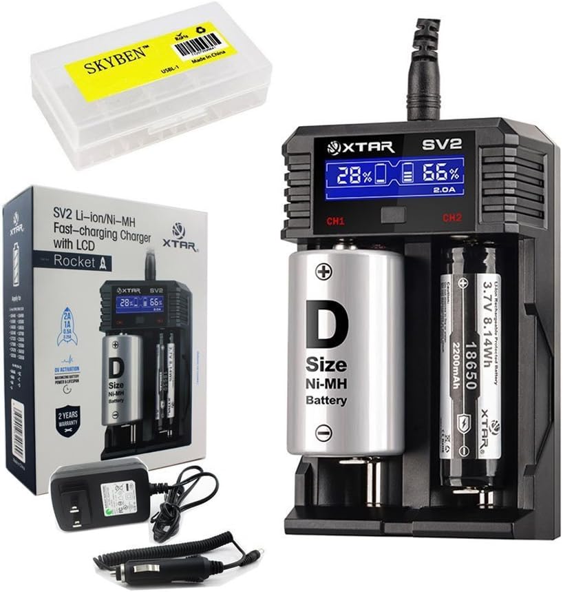Bundle: XTAR SV2 Rocket Battery Charger with LCD and Skyben Battery Case Compatible with 10440/14500/14650/17500/17670/18350/18650/18700/22650/26650 Li-ion/IMR/INR/ICR/Ni-MH/Ni-CD Battery