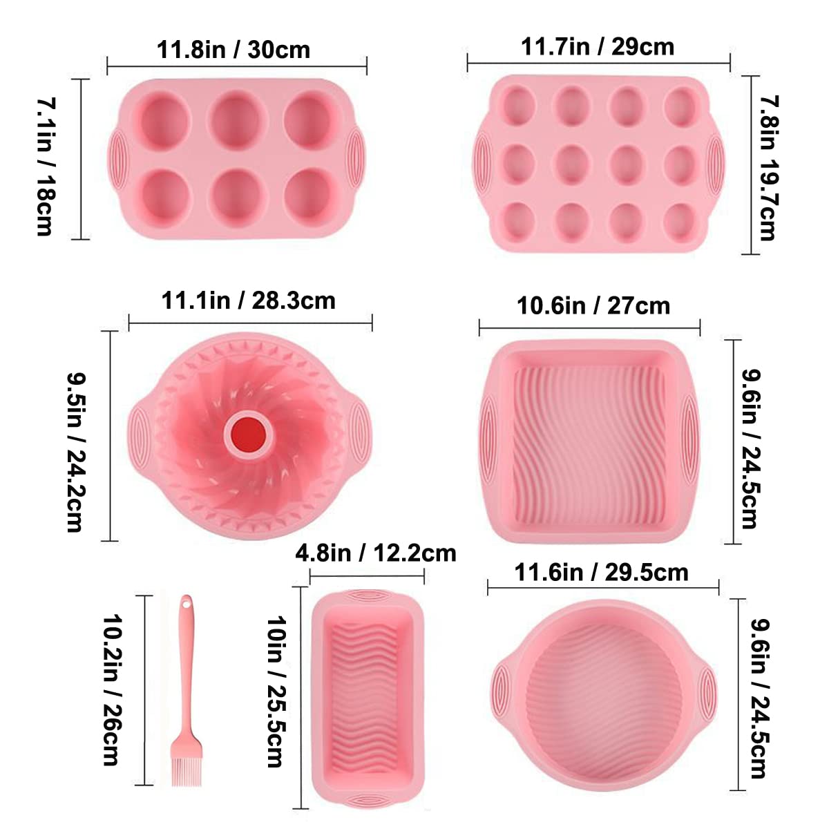 Acidea Nonstick Silicone Bakeware Set, 7pcs Baking Cake Pan, Economical BPA Free Heat Resistant Bakeware Suppliers Tools Kit with Silicone Brush for DIY Loaf Bread Cheesecake Pizza Cupcake Muffin