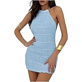 MakeMeChic Women's Halter Mini Dresses Y2k Backless Fall Ruched Cocktail Dress