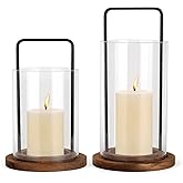 Glass Hurricane Candle Holder with Metal Handle and Wooden Base, Modern Home Decor, Set of 2 for Indoor Use, Medium 5.9" x 7.
