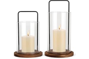 Glass Hurricane Candle Holder with Metal Handle and Wooden Base, Modern Home Decor, Set of 2 for Indoor Use, Medium 5.9" x 7.