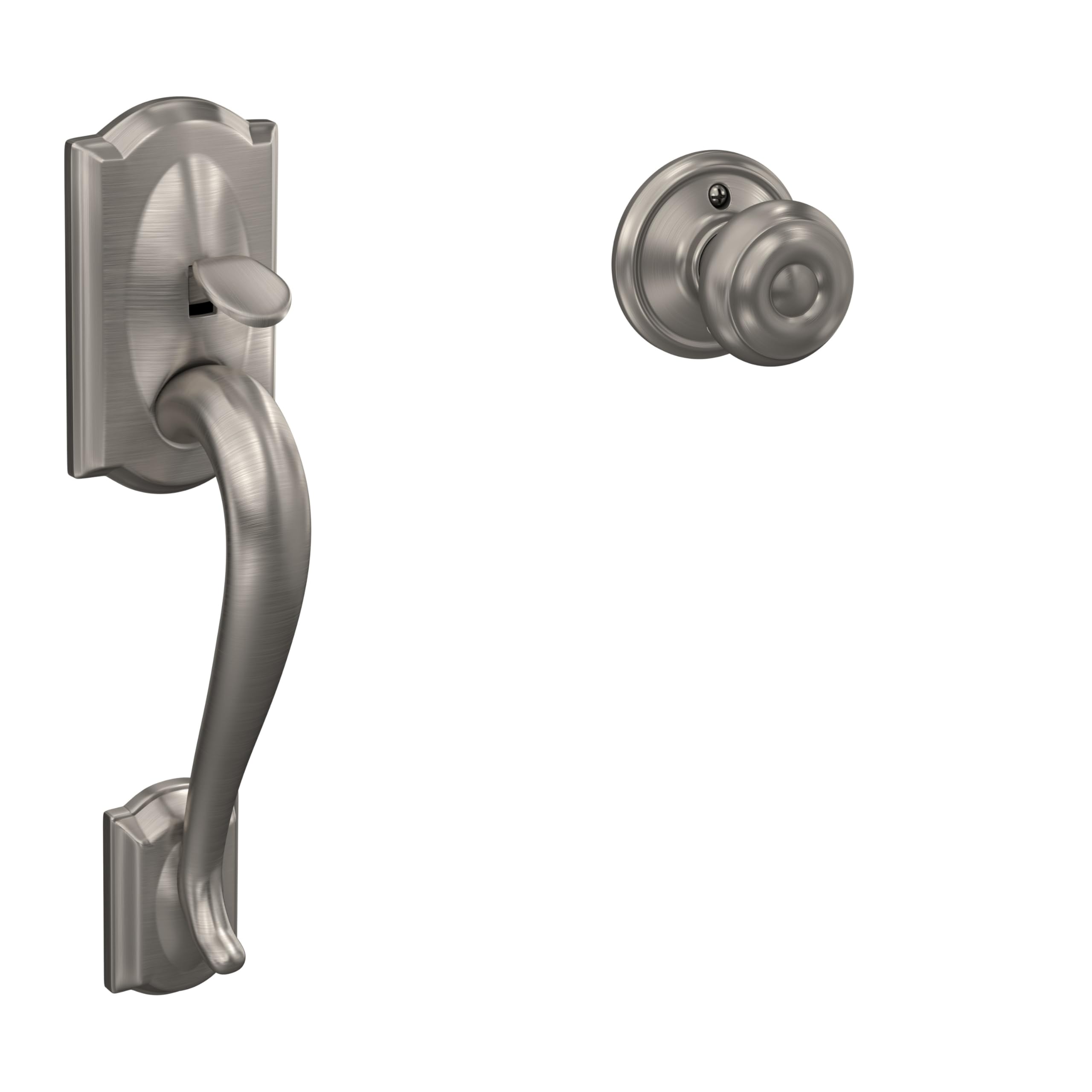 Schlage FE285 CAM 619 GEO Camelot Front Entry Handleset with Georgian Knob, Lower Half Grip, Satin Nickel Image