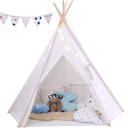 Brian Dany Large 5 Wooden Poles Teepee Kids Tent 100 Cotton Tipi With Floor Mat Fairy Star Lights2 Colorful Flags Carry Case