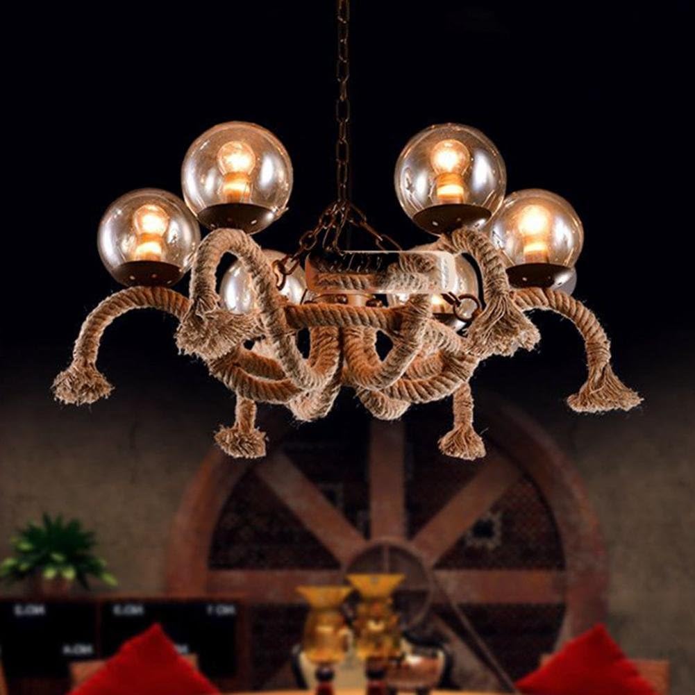 MAX-MASH 111V ~ 240V (inclusive) E14 Retro Industrial Loft Magic beans chandelier / Pure hand-woven Hemp rope and Iron 6Heads pendant lights,Size 65* 60(cm) [Energy Class A++]