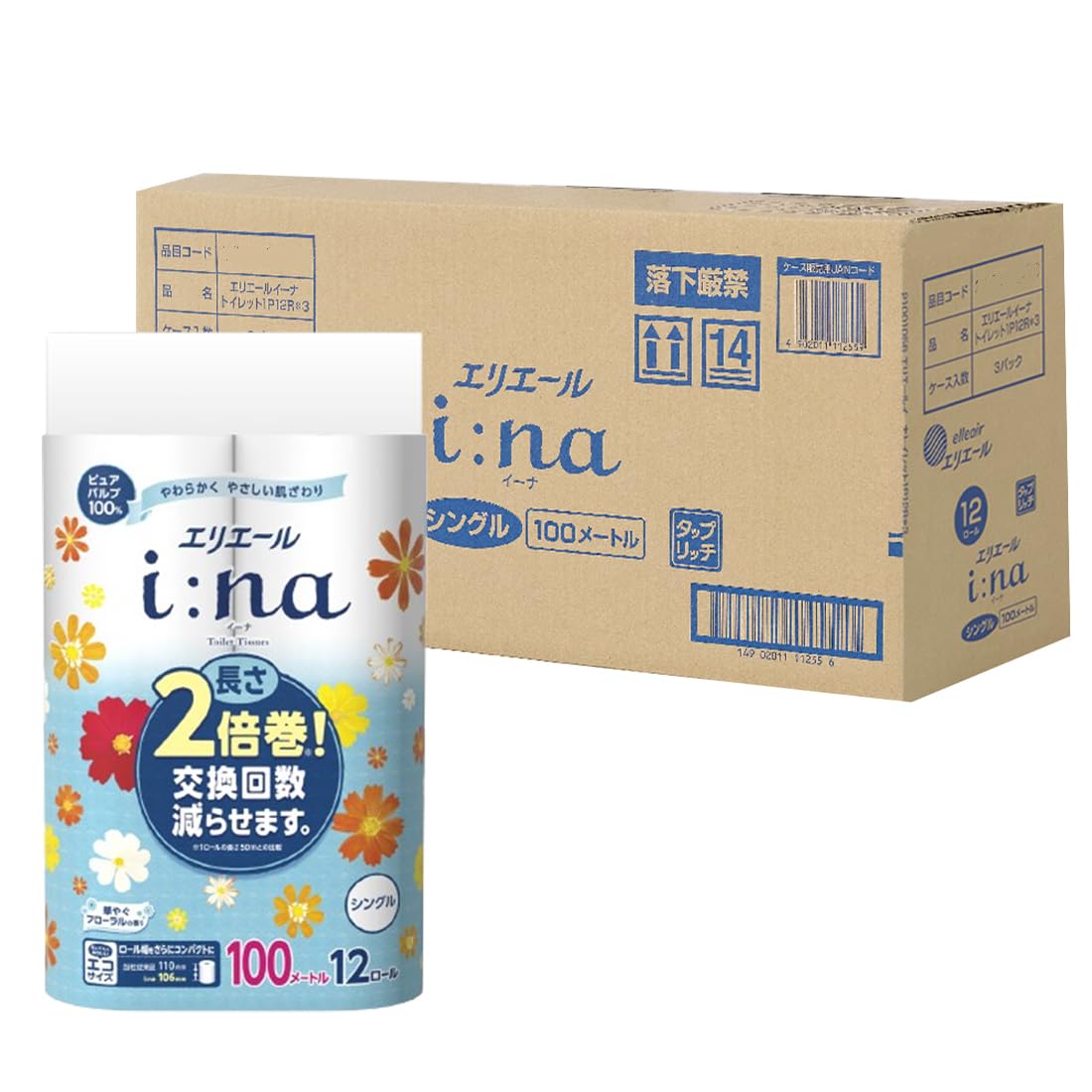 エリエール トイレットペーパー i:na 2倍巻き 100m×36ロール(12ロール×3パック) シングル パルプ100% 華やぐフローラルの香りの商品画像