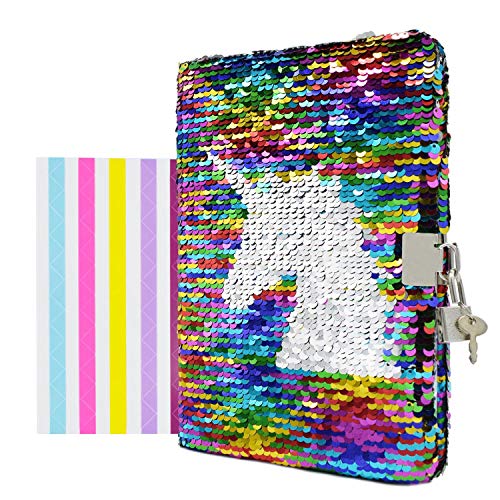 VIPbuy Magic Reversible Sequin Notebook Diary Lined Travel Journal with Lock and Key for Kids Girls, Size A5 (8.5 x 5.5), 78 Sheets (Colorful Unicorn)