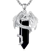 Qyvit Dragon Necklace for Men Women Obsidian/Quartz/Amethyst Crystal Necklace Cool Dragon Jewelry Natural Gemstone Jewelry