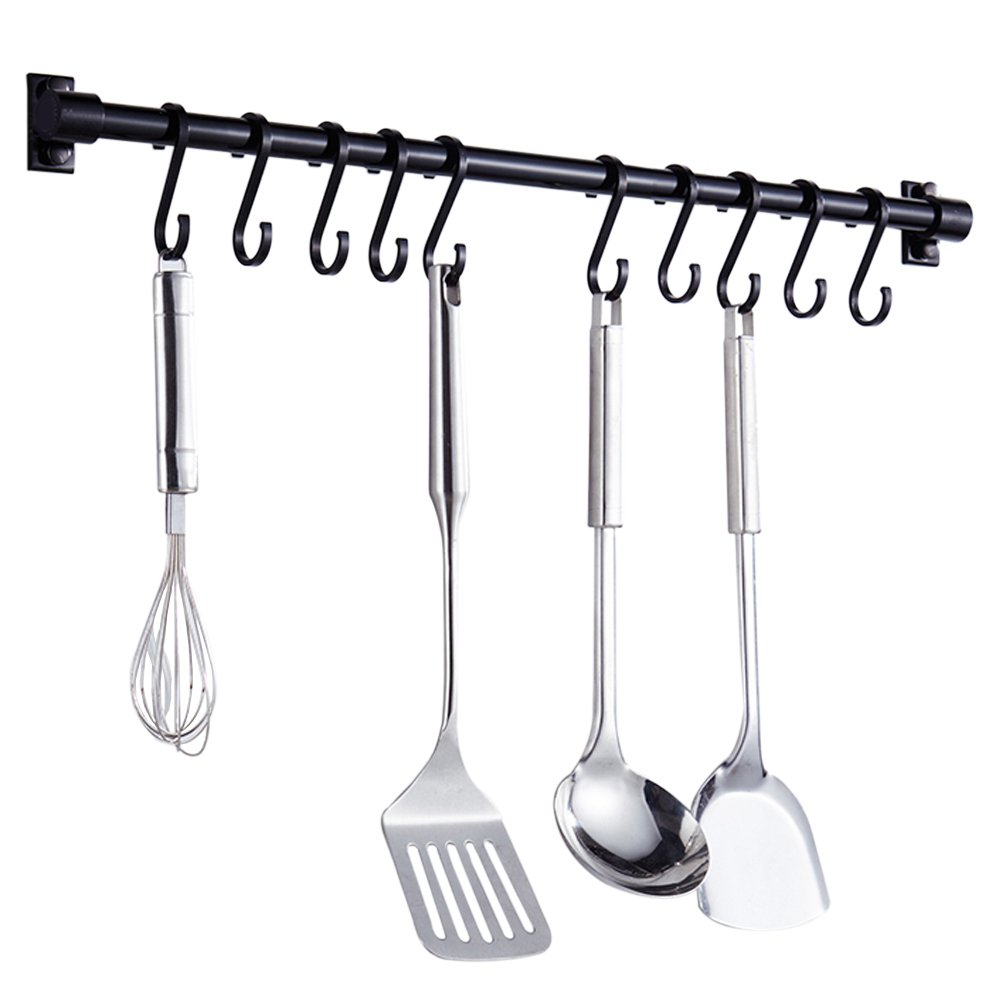 Dytiying Kitchen Utensil Rack Wall Mounted Space Aluminum Storage Hanging Pan Pot Racks for Kitchen Cupboard Organiser Black (10 Hooks)