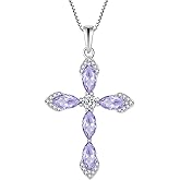 Inpasne Women Cross Necklace 925 Sterling Silver Halo Gemstone Necklace Crucifix Religious Pendant Birthstone Jewelry Gifts for Her